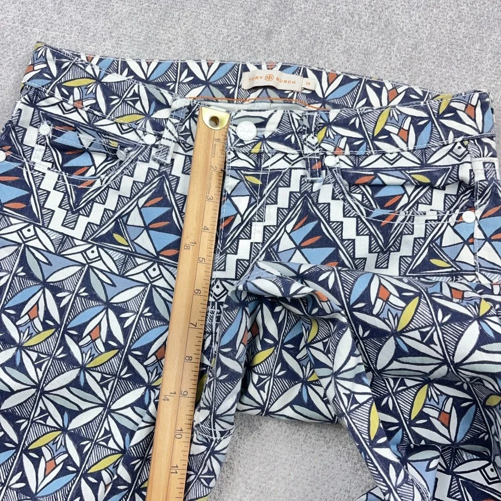 Tory Burch Acoma Print Cropped Skinny Jeans Riviera Blue Size 28 Geometric